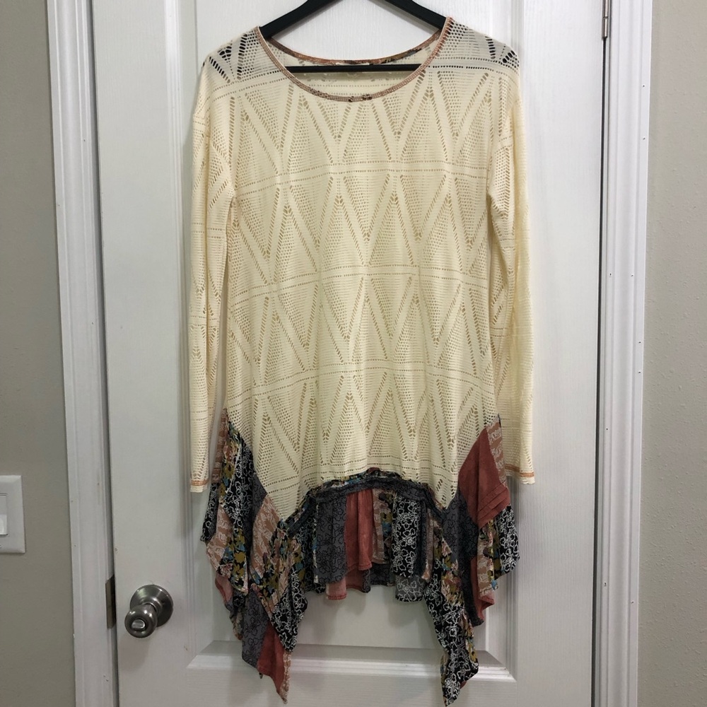Oddy Open Knit Long Sleeve Tunic Top S Asymmetrical Patchwork Handkerchief Hem